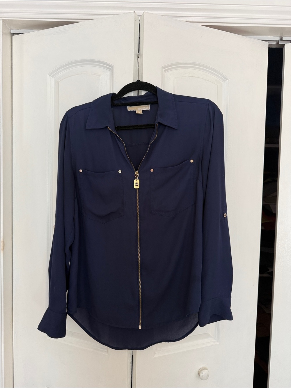 Michael Kors Navy Zip-Front Button Down Blouse